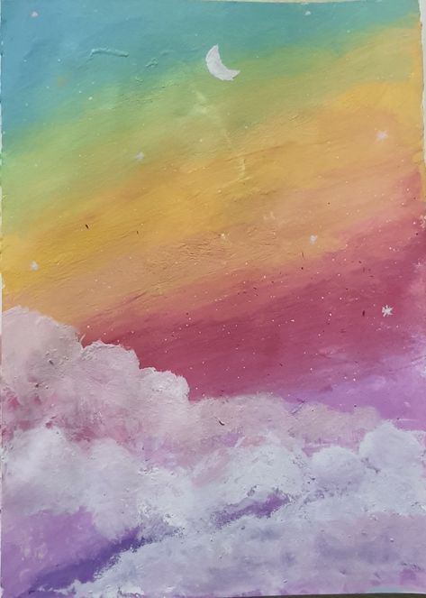 Clouds in rainbow sky, easy painting for beginners Sky Easy Painting, Easy Painting For Beginners, Easy Paintings For Beginners, Clouds Painting, Rainbow Drawing, Stationary Art, Pastel Clouds, Rainbow Clouds, Color Drawing Art