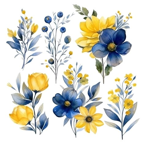 Yellow Blue Flowers, Yellow And Blue Flowers, Crockery Set, Blue Yellow Flowers, Blue Flower Wallpaper, Blue Flower Painting, Yellow Watercolor, Grey Color Scheme, Floral Drawing