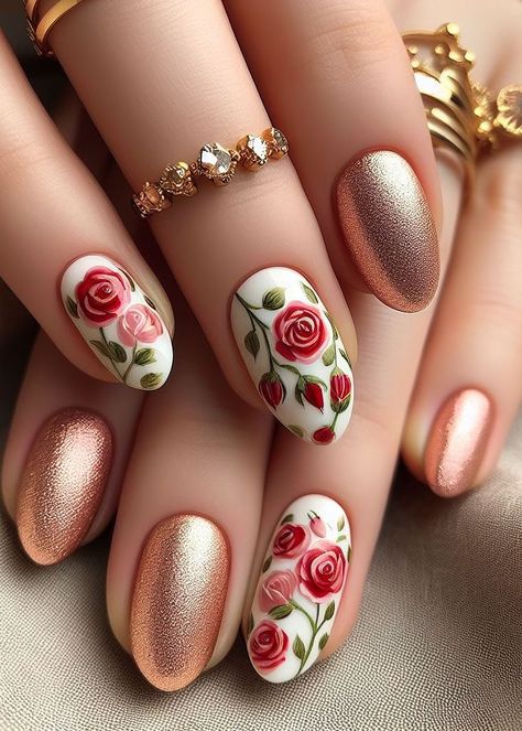 Transform your nails into a garden of delight with these white peach and red rose nail art ideas. The soft hues and vibrant roses create a charming and sophisticated look. Red Roses Nails, Red Rose Nail Art, Vintage Rose Nails, Rose Nail Design, Old Nail Polish, Red Rose Wedding, Rose Nail Art, Romantic Nails, Hearts And Roses