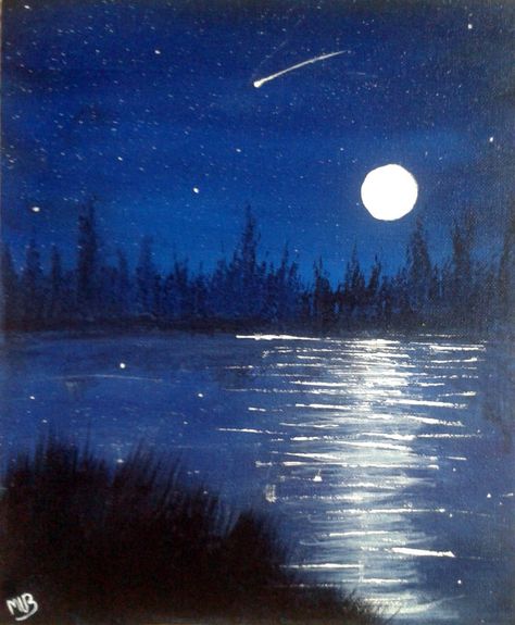 Night Time Scenery Painting, Acrylic Painting Night Sky Moonlight, Night Time Ocean Painting, Night Scenery Watercolor Painting, Ocean Scenery Paintings, Painting Ideas Moon Night Skies, Night Time Sky Painting, Night Time Landscape Paintings, Lake At Night Painting