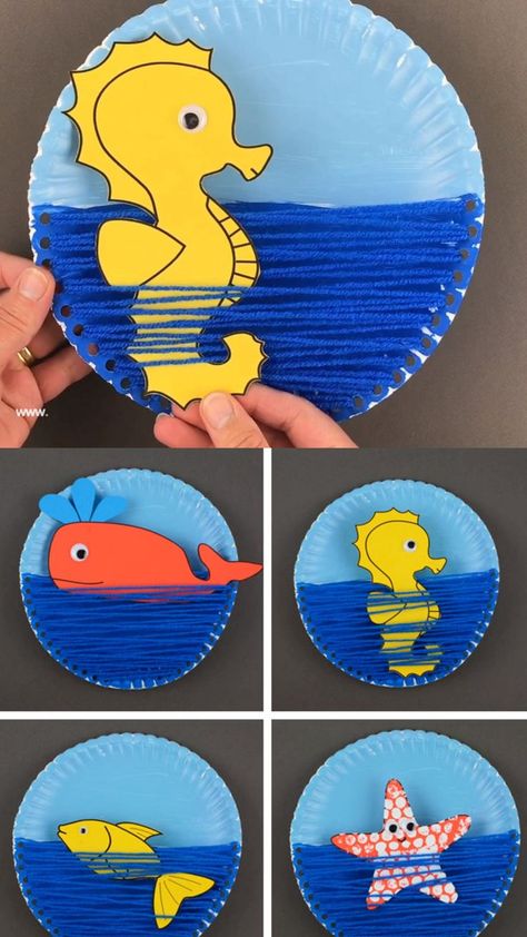 A yarn and paper plate ocean craft for kids to make this summer. An interactive sea craft for preschoolers and older kids with ocean animals: seahorse, star fish, fish and whale. Printable template available. #oceancraftkids #seacraftkids #oceananimals #oceancraft Kunst For Barn, Aktiviti Prasekolah, Plate Crafts For Kids, Ocean Craft, Kraftangan Prasekolah, مشروعات العلوم, Kerajinan Diy, Aktiviti Kanak-kanak, Paper Plate Crafts For Kids