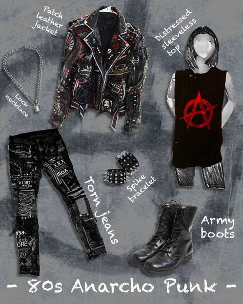 Looking to rock the rebellious Anarcho-Punk style of the 80s? Check out this article on The VOU for some inspiration and tips on how to nail the look! 

#AnarchoPunk #PunkFashion #80sFashion #DIYStyle #AntiEstablishment #RebelliousFashion #StuddedLeather #RippedTShirts #FashionInspiration #TheVOU Anarcho Punk Fashion, Punk 90s Fashion, British Punk Outfits, Punk Outfits Diy, Punk Outfit Inspiration, Diseal Punk, 70s British Punk Fashion, Punk Core Aesthetic, Punk Clothing Men