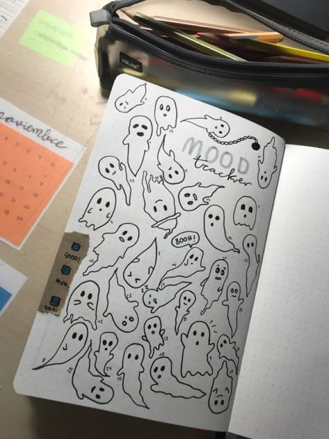 Ghost Mood Tracker, Ghost Bujo Theme, Ghost Bullet Journal, Halloween Mood Tracker, Halloween Bujo, Ghost Journal, Ghost Doodle, Bullet Journal Halloween, October Bujo