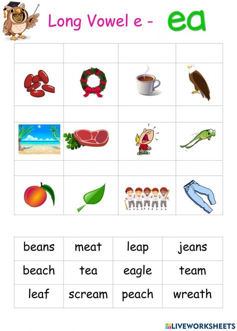 Long e vowel sound online worksheet for 1. You can do the exercises online or download the worksheet as pdf. Ea Phonics Worksheets, Long Vowel E Worksheets, Vowel E Worksheets, Long E Worksheets, Ea Worksheets, Long Vowel Sounds Worksheets, Vowel Teams Worksheets, Digraphs Worksheets, Phonics Cvc