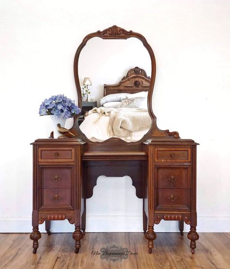 SOLD EXAMPLE I guarantee this vanity is sure to be the next heirloom in your family! This piece was restored to it's vintage glory. It's perfect for any age with ample storage having smooth dovetail drawers. I just love wooden casters and she still has them. Just look at her beautiful details and the curves on that mirror, I am still swooning over this piece! While she isn't perfect and she does have some beauty marks-but it happens with age. Let's face it, they just don't make 'em like this any Antique Vanity Table, Vanity Table Vintage, Mirror Dressing Table, Vanity Tables, Vanity With Mirror, Mirror Dressing, Dressing Table Vanity, Vintage Dressing Tables, Victorian Furniture