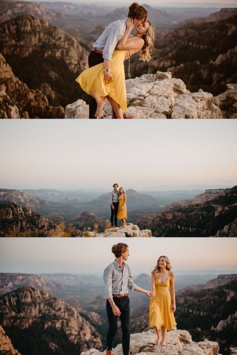 Photos of an engagement session at an overlook with a girl in a bright yellow dress. Engagement Photos Flagstaff, Flagstaff Engagement Photos, Seven Falls, Proposal Photos, Perfect Proposal, Sequoia National Park, Air Balloon Rides, Surprise Proposal, Sedona Arizona