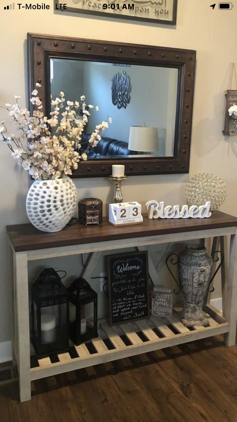 Entrance Way Table Decor, Accent Table With Storage, Side Wall Table Decor Living Room, Square Mirror Decorating Ideas, Farmhouse Hallway Table Decor, Front Entrance Table Decor Farmhouse, Walk In Table Decor Living Rooms, Sideboard Centerpiece Ideas, Living Room Table Ideas Decor