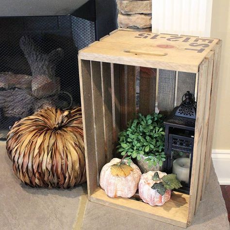 Still slowly adding in my fall decor. I found these two paper Mache textured pumpkins for $.50 each at the thrift store last week and just dry brushed them with white paint to tone the orange down. I don't want to paint all my fall decor but I don't hesitate to paint cheap finds like this and make them into something that works with my home decor. Wood Decorating Ideas, Wooden Crates Garden, Farmhouse Antique Decor, Urban Farmhouse Style, Small Wooden Crates, Crate Decor, Yard And Garden, Home Decor Crate, Living Room On A Budget