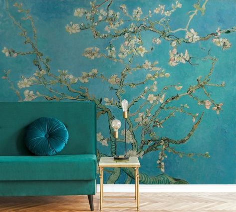 Almond Blossom Wallpaper, Van Gogh Wallpaper, Wallpaper Art Deco, Blossom Wallpaper, Curved Wall, Van Gogh Almond Blossom, Condo Interior, Dark Floors, Animal Wall Decals