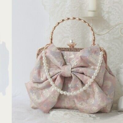 Great Shopping Women Lolita Retro Satin surface princess Bowknot Pearl Shoulder Bag Handbag, Bags Princess Aesthetic Accessories, Pretty Purses And Handbags, Coquette Purses, Aesthetic Purses And Bags, Aesthetic Purses, Purses Aesthetic, Shoulder Bag Pattern, Japanese Handbag, Prom Bag