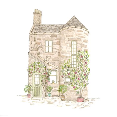 stone house Stone House Painting, Watercolor Stone House, Stone House Drawing, Draw A City, House Sketch, House Illustration, House Portraits, House Drawing, Cute House