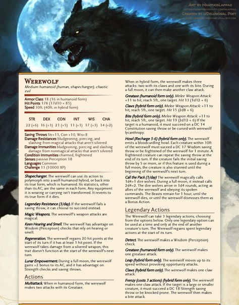 Werewolf Dnd 5e, Dnd Werewolf Stats, Werewolf 5e, Dnd Werewolf, Dnd Wolf, 5e Monsters, Witcher Monsters, Homebrew Monsters, Wolf Monster