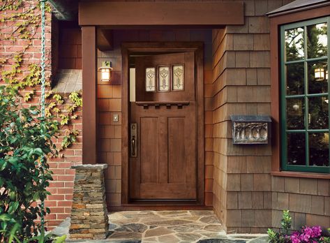 They're weatherproof, easy to maintain, and harder than ever to distinguish from wood Craftsman Style Front Doors, Craftsman Doors, Arts And Crafts Style Homes, Fiberglass Exterior Doors, Architecture Unique, Fiberglass Entry Doors, Craftsman Door, Beautiful Front Doors, Craftsman Exterior