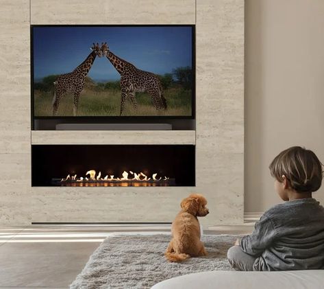 Nex Media Wall: TV and fireplace into one seamless design Tv And Fireplace, Projector Tv, Fireplace Tv Wall, Ethanol Fireplace, Real Fire, Home Automation System, Passive House, Media Wall, Cozy Fireplace