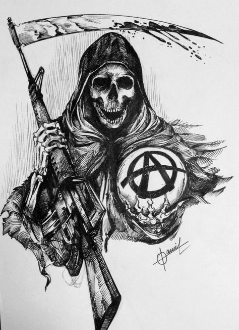 Sons Of Anarchy Tattoo, Anarchist Tattoo, Anarchy Tattoo, Sons Of Anarchy Reaper, Sons Of Anarchy Motorcycles, Sons Of Anarchy Samcro, Reaper Tattoo, Grim Reaper Art, Tattoo Zeichnungen