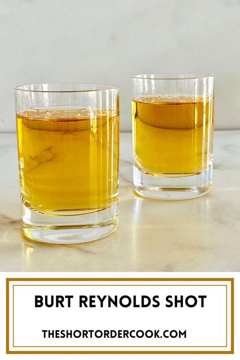 This sweet & spicy 2-ingredient Burt Reynolds shot recipe has a kick & now I know why he loved it so much. It warms you like the vanilla & cinnamon-spiced rum goes down & finishes with rich buttery caramel-like schnapps. Wow! Unfortunately, in the United States, you cannot find Butterscotch Ripple - so schnapps it is instead. Great with Captain Morgan's, Sailor Jerry, or other spiced rums. A great easy dessert shot recipe. Rum Shots, Shots Alcohol Recipes, Shooter Recipes, Spicy Drinks, Cocktail Shots, Shots Alcohol, Happy Hour Cocktails, Nutrition Drinks, Best Cocktail Recipes