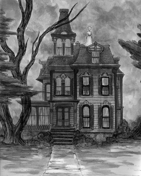 Spooky haunted house by mary syring🐇 on Instagram: “Happy 50th anniversary to the haunted mansion! My favorite ride at @disneyland  One of my favorite childhood memories is of my parents…” Haunted House Pictures, Haunted House Drawing, Scary Houses, Creepy Houses, Sketching Ideas, Spooky House, House Sketch, Scenery Paintings, Horror House