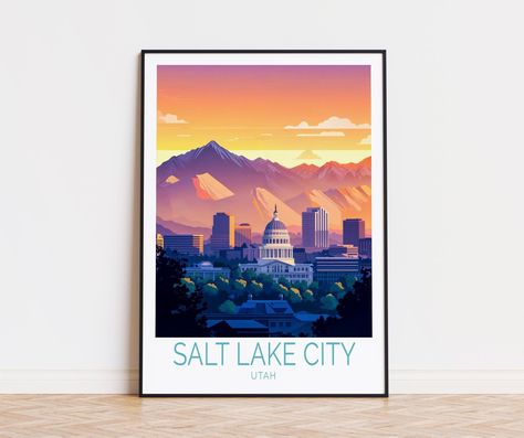 Salt Lake City Travel Poster, Utah Wall Art, Salt Lake Utah Print, Birthday Present, Custom Travel Poster, Home Decor Art Ideas Black And White, Vintage Lake House, Lake Illustration, Rock Wall Art, Lake Bathroom, Lake House Wall Art, Lake House Bathroom, Wall Art Country, Modern Lake House