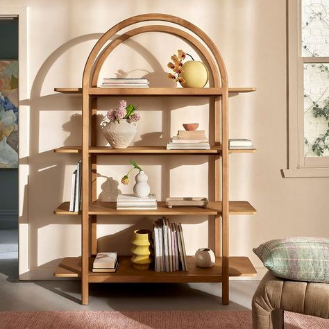 Adairs Lunar Oak Bookshelf Curved Wooden Bookcase, Arched Bookshelf Styling, Green In Living Room, Arch Shelving, Arch Shelves, Curved Bookshelf, Aesthetic Book Shelf, Arched Shelves, Arched Shelving