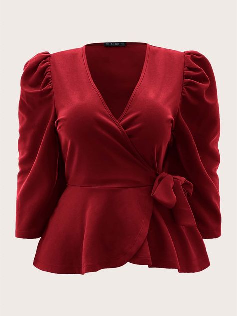 Red Elegant  Three Quarter Length Sleeve Polyester Plain Peplum  Slight Stretch Spring/Fall Plus Size Tops Wrap Top Outfit, Sewing Dresses For Women, Vintage Attire, Classy Blouses, Latest Blouse Designs Pattern, Leg Of Mutton Sleeve, Street Hijab Fashion, Peplum Tops, Fall Plus Size