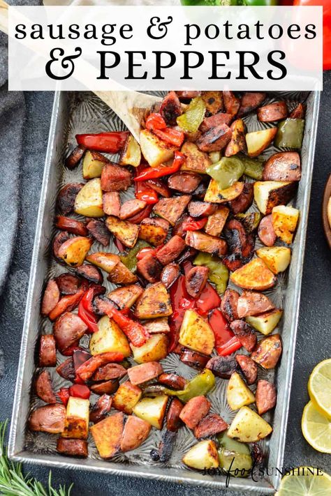 Roasted sausage and potatoes and peppers is an easy, one-pan recipe made with only 8 ingredients! A delicious quick, easy & nutritious dinner. Sausage Pepper Onions And Potatoes, Sausage Potatoes And Peppers, Roasted Sausage, Sausage And Potatoes, Sausage Peppers And Onions, Nutritious Dinner, Potatoes In Oven, Easy Sheet Pan Dinners, Sausage Dishes