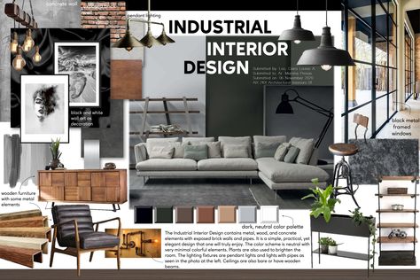 A Proposed Interior Design for the Bungalow House Industrial Interior Design Mood Board, Industrial Mood Board Interior Design, Interior Design Concept Board, Mood Board Concept, Design Concept Board, Interior Design Presentation Boards, Urban Industrial Design, Materials Board Interior Design, Industrial Kitchen Design