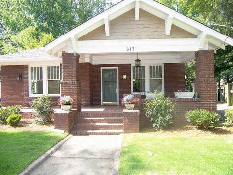 Pretty Old Houses Blog:  brick bungalow porch Brick Craftsman House, Brick Bungalow Exterior, Red Brick Bungalow, Bungalow Porch, Craftsman Bungalow Exterior, Red Brick House Exterior, Brick Bungalow, Brick Porch, Exterior Facade