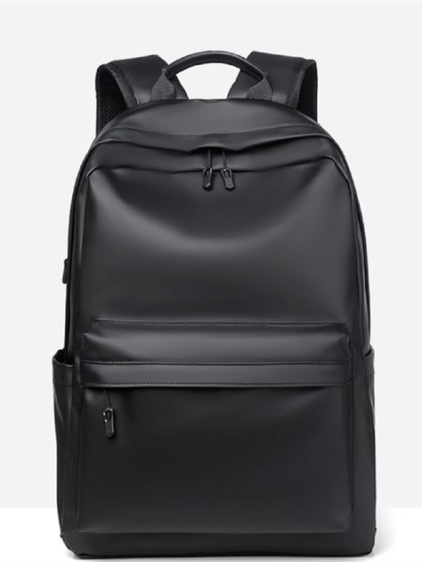 Black Cool Collar  Polyamide Plain Functional Backpack Embellished   Women Bags Cheap Black Leather Backpack With Removable Pouch, Functional Backpack, Camping Bag, Black Leather Backpack, Bags Aesthetic, Kit Bag, Classic Backpack, Black Chain, Backpack Purse