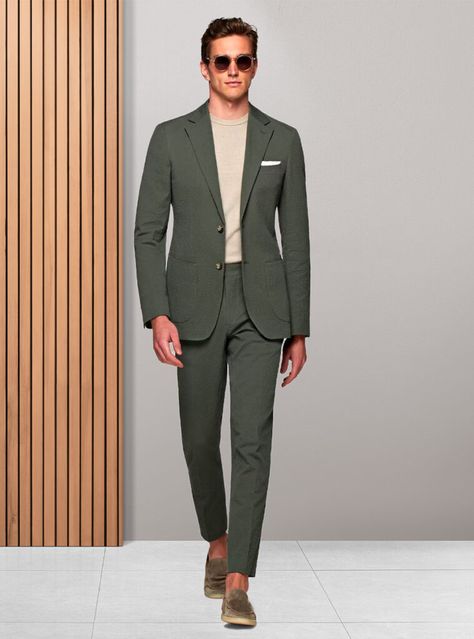 A stylish blend of comfort and class with an olive green suit paired with a beige crew neck T-shirt and tan suede loafers. A perfect outfit for a polished yet relaxed look that stands out in any setting. Olive Green Blazer Outfit Men, Olive Green Outfit Men, Olive Green Shirt Outfit, Green Shirt Outfits, Olive Green Outfit, Green Suit Men, Heels Boots Outfit, Suit Beige, Olive Green Suit