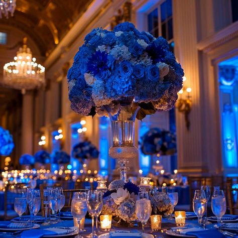 Blue Wedding Set Up, Mehendi Wedding Decor, Royal Blue Wedding Ideas Decoration, Royal Blue And Cream Wedding, Aquatic Wedding, Royal Blue Wedding Colors, Royal Ball Decor, White And Royal Blue Wedding, Dark Blue Wedding Decorations