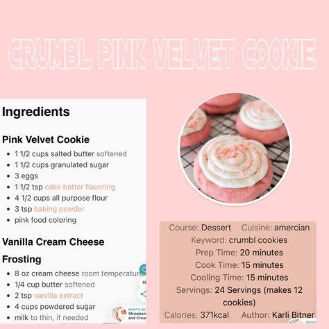 Pink Velvet Cookie Recipe, Pink Crumble Cookie Recipe, Pink Velvet Crumble Cookie Recipe, Crumbl Pink Velvet Cookie Recipe, Crumbl Cookie Pink Sugar Cookie Recipe, Pink Velvet Cookies, Wicked Desserts, Crumble Cookie Recipe, Crumble Cookies