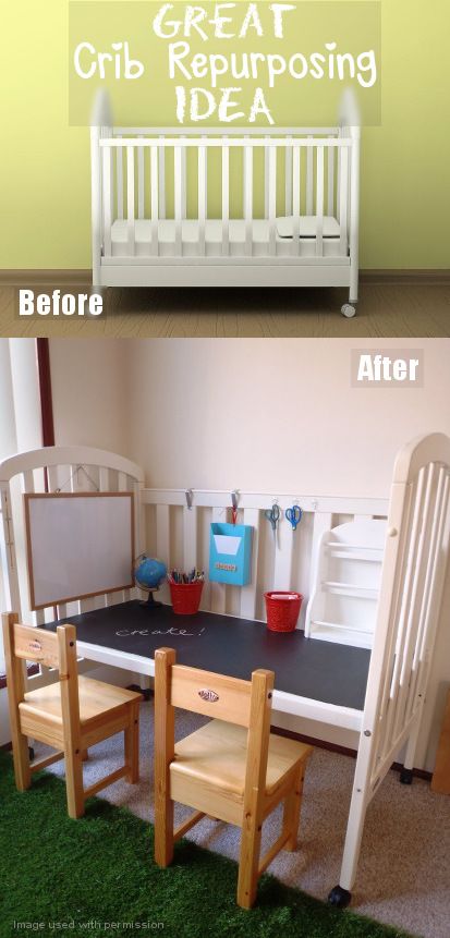 DIY weekend project, turn an old crib into a big kids desk | How to make the Most of a small space | Easy DIY and budget friendly | Repurpose, recycle and upstyle your home Kids Art Station, Old Baby Cribs, Crib Desk, Repurpose Diy, Baby Crib Diy, Old Cribs, Diy Crib, Diy Bebe, Kids' Desk