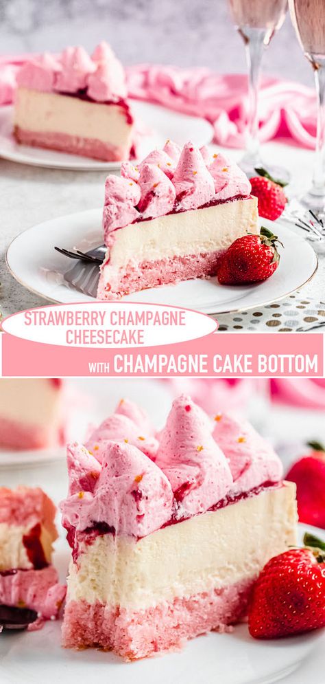 Funnel Cake Desserts, Cheesecake With Liquor, Strawberry Champagne Cheesecake, New Year Cheesecake, New Years Cheesecake, Cocktail Cheesecake, Strawberry Cheesecake Cake Recipe, Champagne Cheesecake, New Years Dessert Ideas