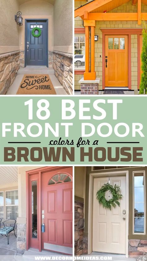 Wood Cabin Front Door Colors, Exterior Door Colors With Brown Siding, Door Colors For Brown Brick House, What Color To Paint Front Door With Brown Brick, Door Color Tan House, Brown House Colored Door, Tan House Door Color, Brown Porch Ideas, Door Color With Brown Brick