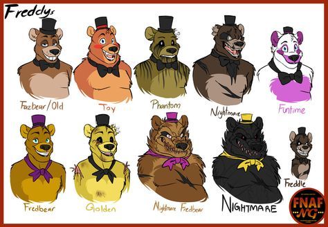 FNAFNG_Freddy Versions by NamyGaga Freddy Fazbear Reference, Fnaf All Freddys, All Freddys Fnaf, Namygaga Fnaf, Freddy Fazbear Drawing, Freddy Fazbear Fanart, Transformers Megatron Art, Megatron Art, Fnaf Freddy Fazbear