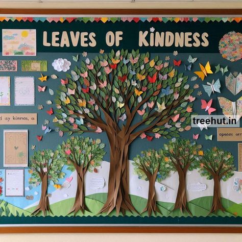 Trees Bulletin Board Ideas and Classroom Activity Ideas for Elementary School | October Bulletin Board Ideas | Environment Soft Board Decoration Aesthetic, Diy Tree Bulletin Board, School Community Bulletin Board, Bulletin Board Trees, Kindness Tree Ideas, Tree Themed Bulletin Boards, Trees Bulletin Board Ideas, Gratitude Tree Bulletin Board, Seasons Bulletin Board Ideas