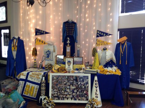 Class Reunion Memorabilia Table Ideas                                                                                                                                                                                 More High School Reunion Planning, School Reunion Decorations, Class Reunion Planning, 50th Class Reunion Ideas, Reunion Centerpieces, 10 Year Reunion, High School Class Reunion, Class Reunion Decorations, Reunion Decorations