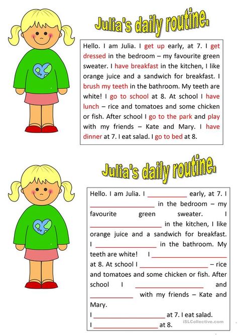 Julia's Daily Routine - English ESL Worksheets for distance learning and physical classrooms Daily Routine In English, Daily Routine Worksheet, Daily Routine Kids, Daily Routine Activities, Text Ideas, Reading Comprehension For Kids, Vocabulary Exercises, Reading Comprehension Lessons, English Exercises