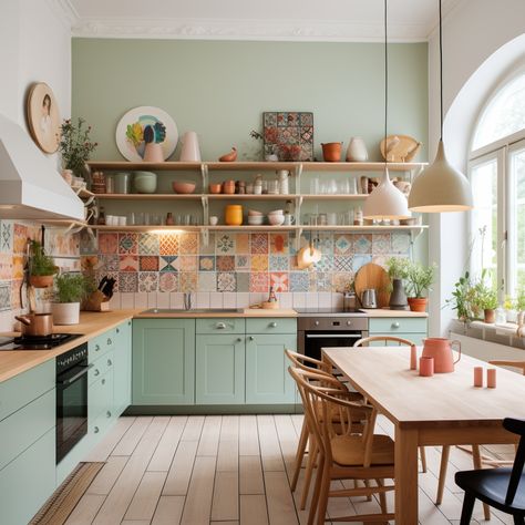 Modern Beachy Kitchen, Colourful Modern Home, Interior Updates On A Budget, Low Budget House Interior Design, Colorful Farmhouse Interior, Kitchen Inspo Colorful, Fun Colorful Kitchen, Bright Boho Kitchen, Small Kitchen Under Stairs Ideas