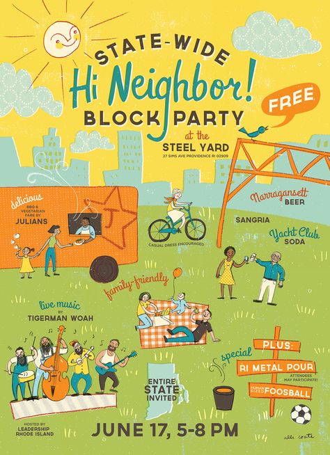 Neighborhood Party Ideas, Neighborhood Illustration, Happy Neighborhood, Neighborhood Logo, Event Poster Inspiration, Food Festival Poster, Neighborhood Party, Illustrated Poster, Neighborhood Watch