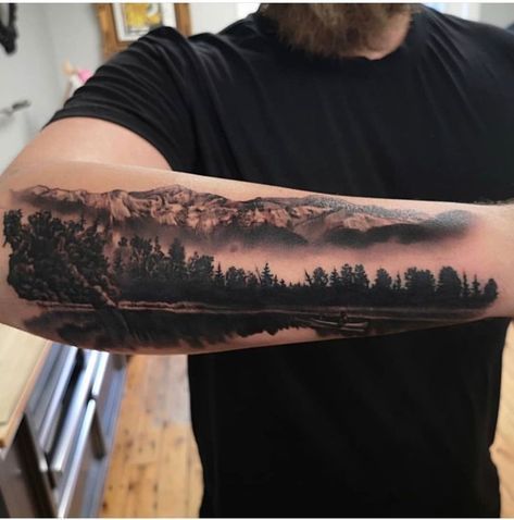 Mountain Sleeve Tattoo, Forest Forearm Tattoo, Moutain Tattoos, Natur Tattoo Arm, Wilderness Tattoo, Mountain Tattoos, Lake Tattoo, Scandinavian Tattoo, Nature Tattoo Sleeve