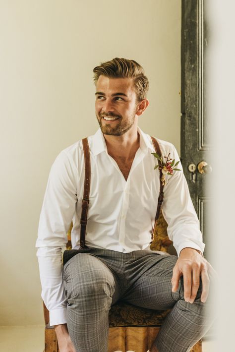 Groomsmen in White Shirt and Braces for South Africa Destination Wedding Groomsmen In White, Casual Wedding Outfit, Casual Groom Attire, Beach Wedding Groom, Summer Wedding Suits, Summer Wedding Attire, Wedding Groomsmen Attire, South Africa Wedding, 1920s Men