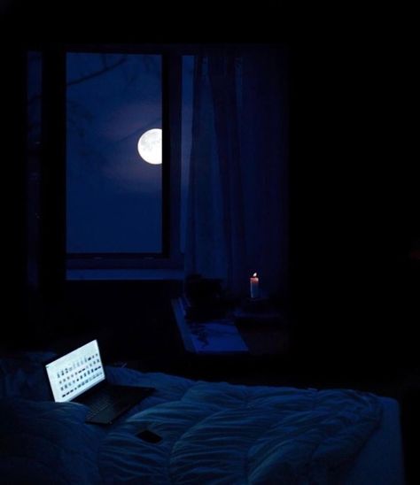 #night #black #blue #moon #moonlight #dark #photography #window #curtains #books #sea #ocean #river #boats #candles #sky #clouds #silhouette #silver #clear #empty #alone #lonely #serenity #bedroom #bed #sheet #fullmoon #laptop #stationery Blue Hour Bedroom Aesthetic, Gacha Bedroom Background Night, Bedroom Background Night, Chill Room Aesthetic, Serenity Bedroom, Room Aesthetic Dark, Bedroom At Night, Dark Blue Rooms, Night Room