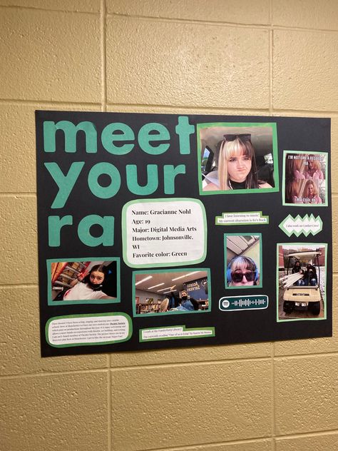 Flyer Bulletin Board, Get To Know Me Bulletin Board Ra, Ra Bulletin Boards Meet Your Ra, Meet Your Ra Poster, Ra Dorm Bulletin Boards, Ra Personal Board, Get To Know Me Ra Board, Bulletin Board Ideas For College Dorms, College Dorm Bulletin Boards