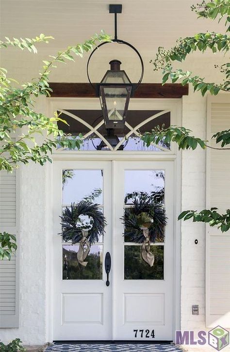 wreaths on double doors Double Front Doors With Transom, White Exterior Double Front Door, Front Door With Transom Above, Double Front Door With Transom Above, Exterior Double Doors With Transom, Double Door With Transom Entryway, Four Lite Double Front Door, Entry Way Lighting, Double Front Doors