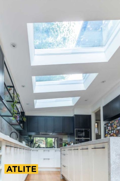 Hamptons House Interior, Luxe Kitchen, Skylight Design, Skylight Kitchen, Velux Skylights, Velux Windows, Roof Windows, Dark Space, Roof Window