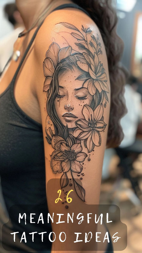 Dreaming of a tattoo that truly means something? Click to explore 26 meaningful tattoo ideas perfect for women. Find the design that speaks to your soul and tells your unique story! 🌺✨🎨 #TattooIdeas #MeaningfulTattoos #FemaleTattoos #InkInspiration #BodyArt Meaningful Tattoos Ideas For Women, Black And Grey Lady Face Tattoo, Tattoos About Growth And Strength Women, Meaningful Life Tattoos, Big Shoulder Tattoos For Women, Womans Face Tattoo Design, Sleeve Tattoos For Women Meaningful, Unique Half Sleeve Tattoos For Women Meaningful, Family Tree Tattoos For Women