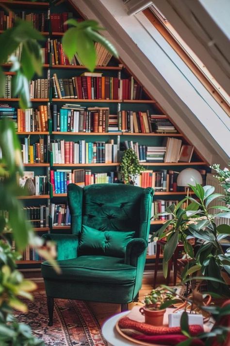 Creating an Attic Library: Book Lover's Paradise Home Library Wall Colors, Attic Study Room Sloped Ceiling, Colorful Home Library, Library Office Ideas, Cozy Attic Spaces, Boho Library Room, Unique Home Library, Whimsical Attic, Library Room Cozy