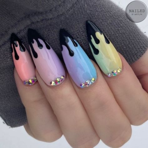 pastel ombre drip Nail Art Drip Design, Pastel Drip Nails, Black And Pastel Aesthetic, Purple Drip Nails, Rainbow Black Nails, Rainbow Goth Nails, Pastel And Black Nails, Pastel Nail Design Ideas, Nail Drip Design