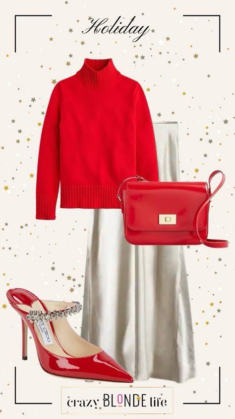 Christmas Outfit Red Sweater, Christmas Outfit 2024 Trends, Holiday Party Casual Outfit, Christmas Outfit Pants, Red Sweater Outfit Winter, Silver Skirt Outfits, White Christmas Outfit, Worship Outfits, Red And White Outfit